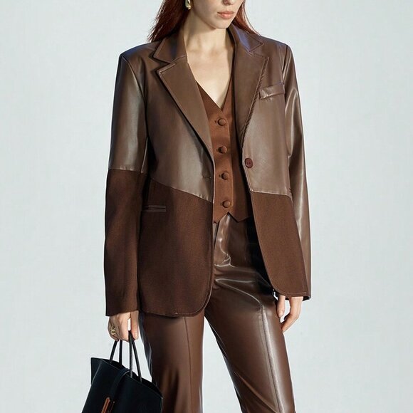 Brown Elegant Women's Style Asymmetrical Design Woven Fabric Patchwork Blazer - Picture 3 of 7